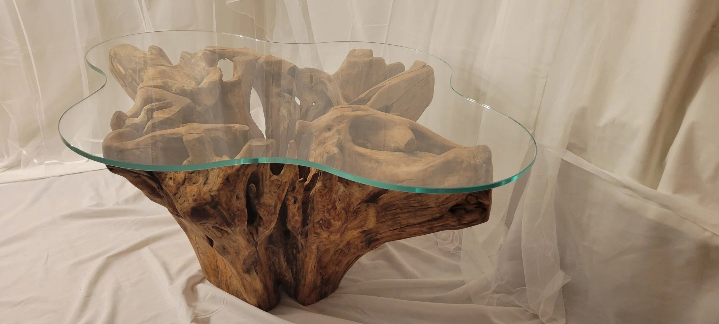 Tree root coffee discount table with glass top